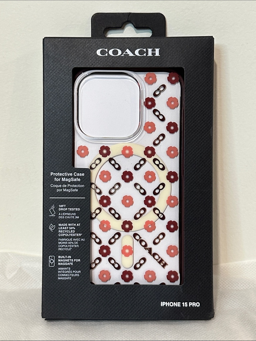 Coach iPhone 15 Pro MAGSAFE CASE Signature C LOGO Chain & Floral Tea Roses NEW